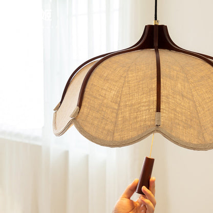 Traditional Vintage Oak Hardware Fabric Dome Petal 1-Light Pendant Light For Dining Room