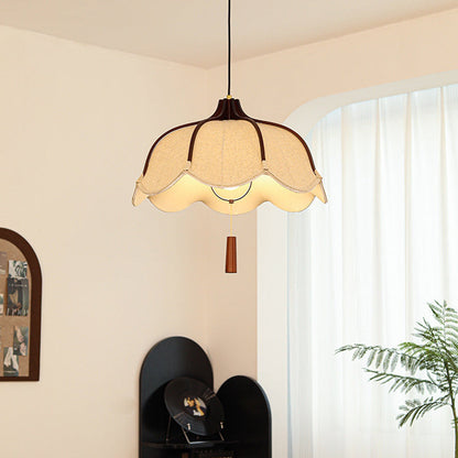 Traditional Vintage Oak Hardware Fabric Dome Petal 1-Light Pendant Light For Dining Room