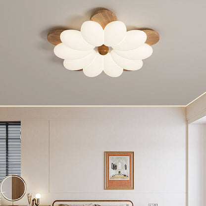 Contemporary Retro Flower Petal Wood PE LED Flush Mount Ceiling Light For Bedroom