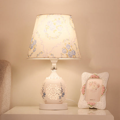 Contemporary Nordic Ceramic Fabric Cylinder Flower Skeleton Pattern 1-Light Table Lamp For Bedside