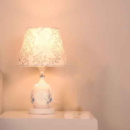 Contemporary Nordic Ceramic Fabric Cylinder Flower Skeleton Pattern 1-Light Table Lamp For Bedside