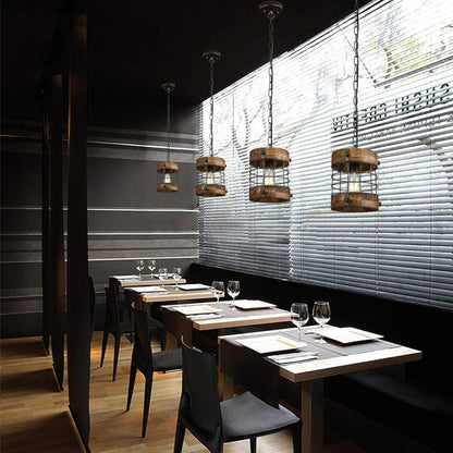 Contemporary Industrial Cylinder Rusty Cage Wood Metal 1-Light Pendant Light For Dining Room