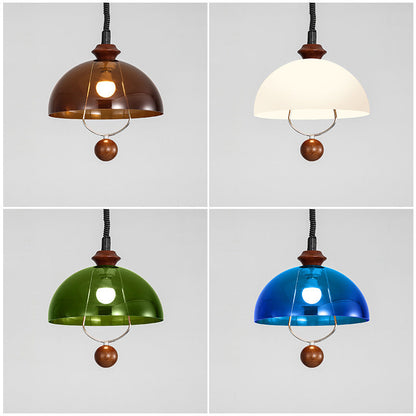 Traditional Vintage Dome Liftable Iron Acrylic Wood 1-Light Pendant Light For Dining Room