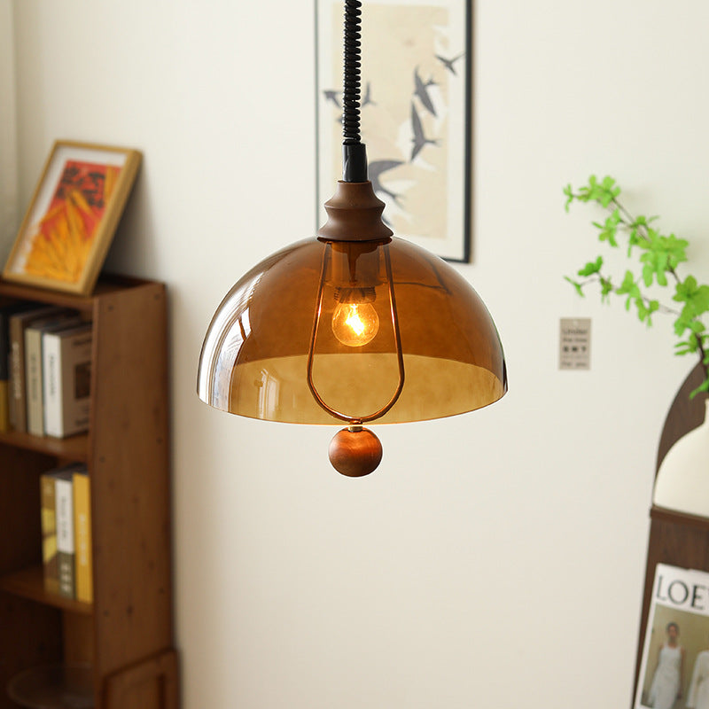 Traditional Vintage Dome Liftable Iron Acrylic Wood 1-Light Pendant Light For Dining Room