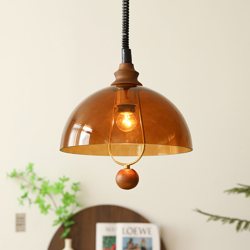 Traditional Vintage Dome Liftable Iron Acrylic Wood 1-Light Pendant Light For Dining Room