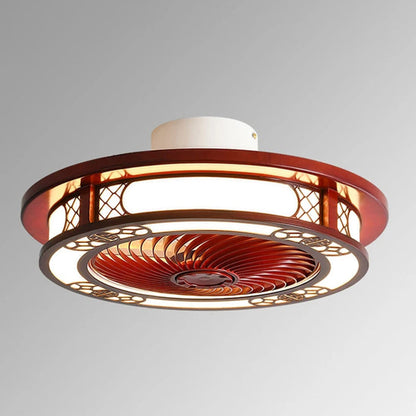 Traditional Chinese Round Wealth Pattern Wood Acrylic Copper ABS LED Flush Mount Ceiling Fan Light For Bedroom