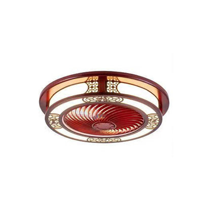 Traditional Chinese Round Wealth Pattern Wood Acrylic Copper ABS LED Flush Mount Ceiling Fan Light For Bedroom