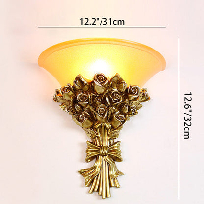 Traditional European Resin Glass Hardware Flower Frosted Horn 1-Light Wall Sconce Lamp For Living Room