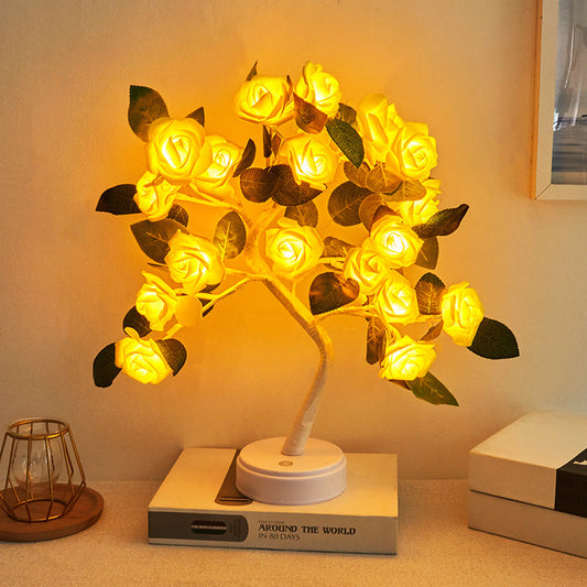 モダンアールデコ調 USBバッテリー ローズツリーブランチ プラスチック LED テーブルランプ 寝室用ナイトライト