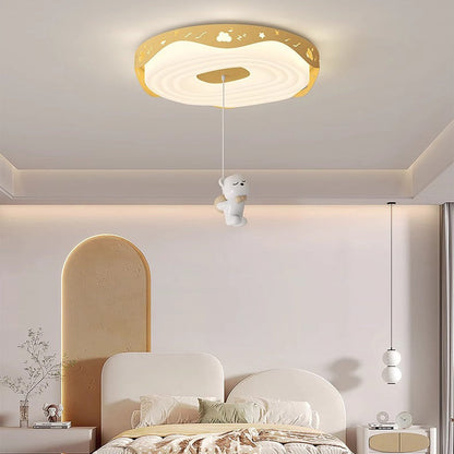 Contemporary Nordic Kids Iron PE Round Doughnut Hanging Animal LED Flush Mount Ceiling Light For Bedroom