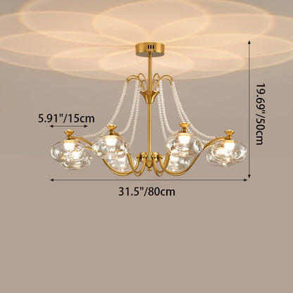 Traditional French Iron Glass Pearl Chain Projection Round LED Chandeliers For Living Room
