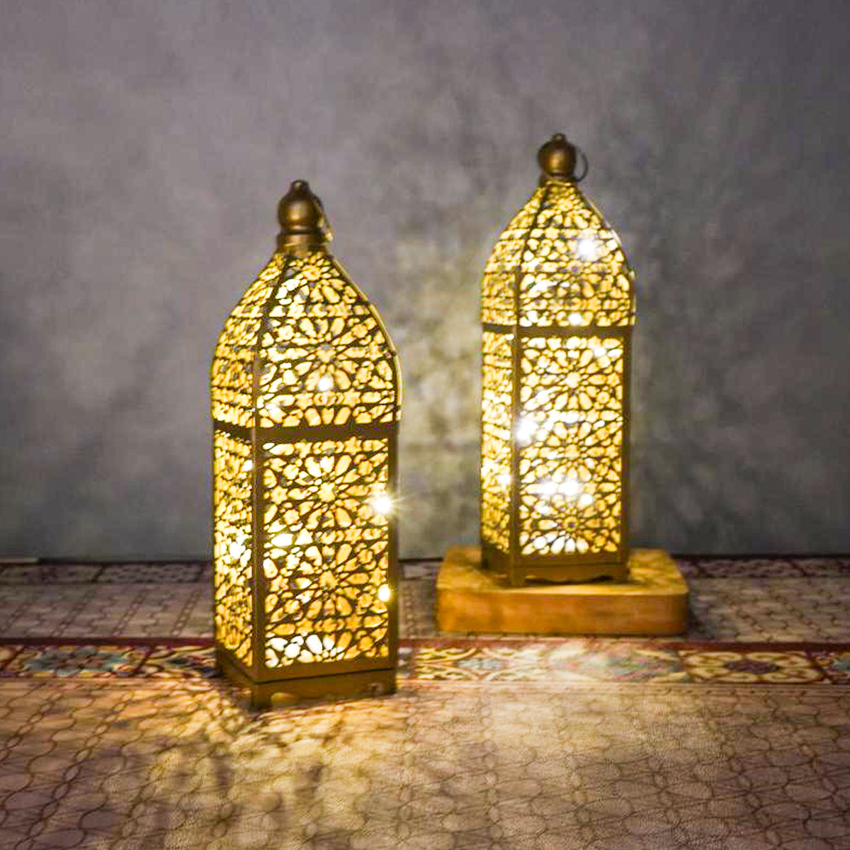 Contemporary Boho Battery Iron Hollowed Lantern Candlestick Decorative LED Table Lamp Night Light For Bedroom