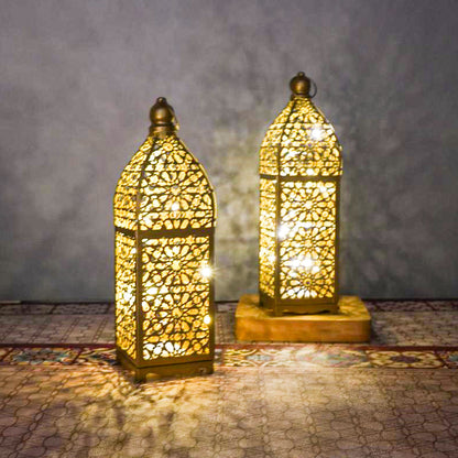 Contemporary Boho Battery Iron Hollowed Lantern Candlestick Decorative LED Table Lamp Night Light For Bedroom