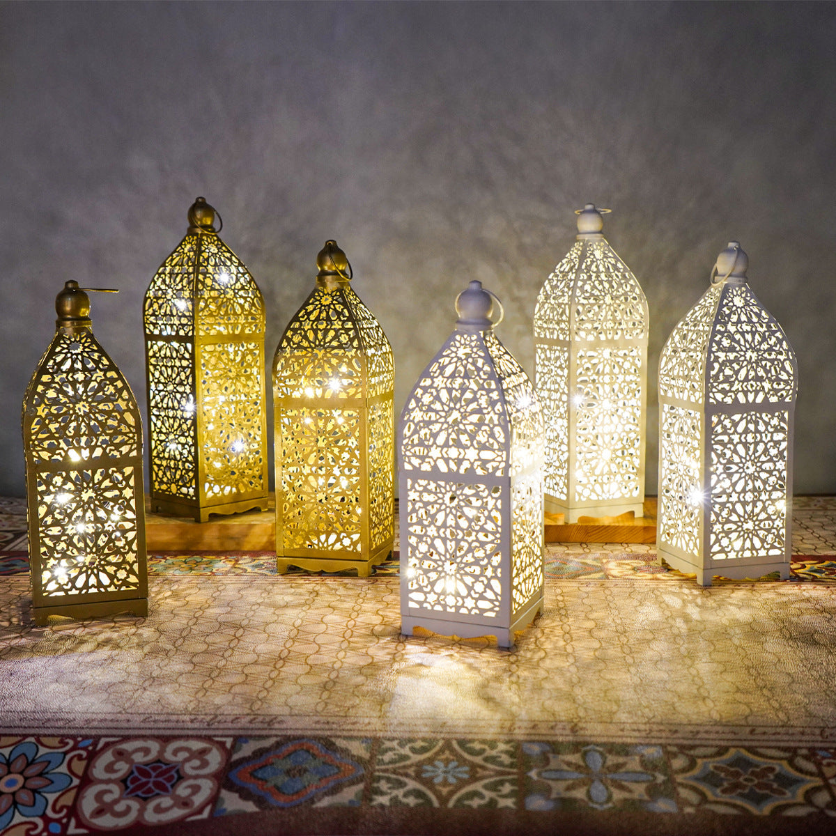 Contemporary Boho Battery Iron Hollowed Lantern Candlestick Decorative LED Table Lamp Night Light For Bedroom