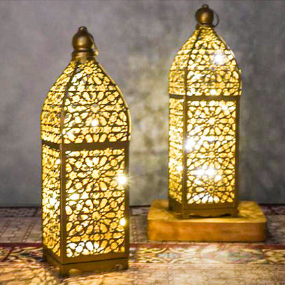 Contemporary Boho Battery Iron Hollowed Lantern Candlestick Decorative LED Table Lamp Night Light For Bedroom