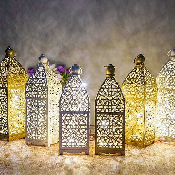 Contemporary Boho Battery Iron Hollowed Lantern Candlestick Decorative LED Table Lamp Night Light For Bedroom