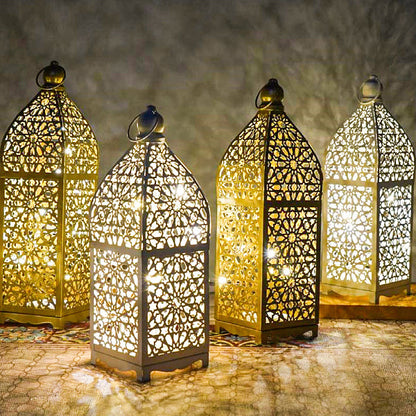 Contemporary Boho Battery Iron Hollowed Lantern Candlestick Decorative LED Table Lamp Night Light For Bedroom