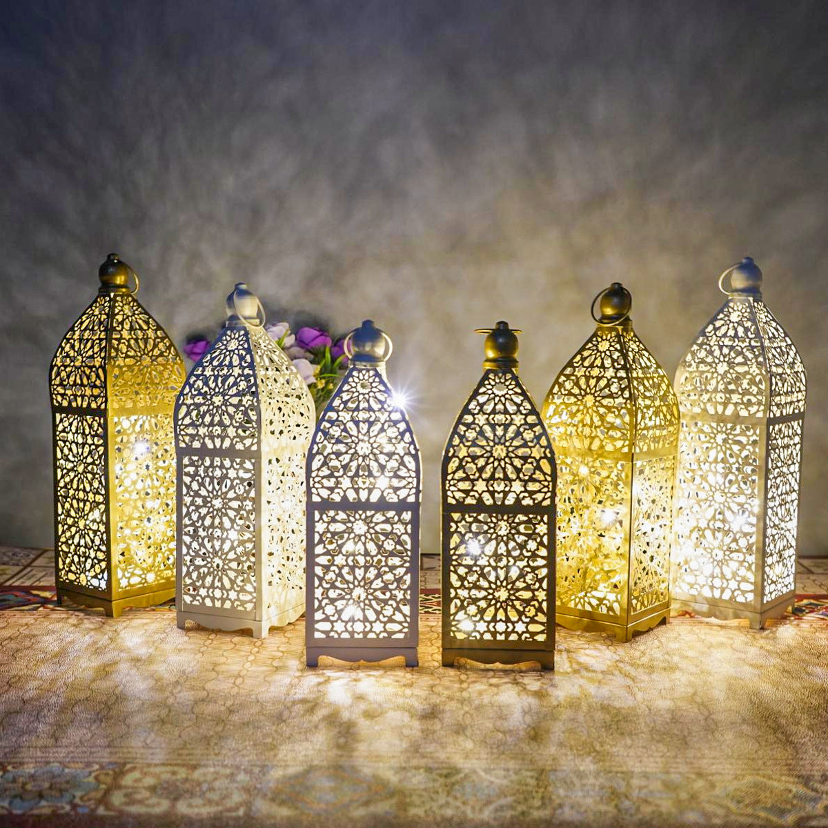 Contemporary Boho Battery Iron Hollowed Lantern Candlestick Decorative LED Table Lamp Night Light For Bedroom