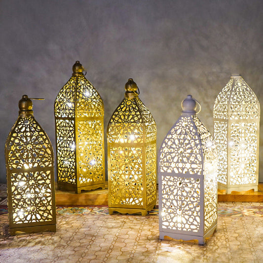 Contemporary Boho Battery Iron Hollowed Lantern Candlestick Decorative LED Table Lamp Night Light For Bedroom