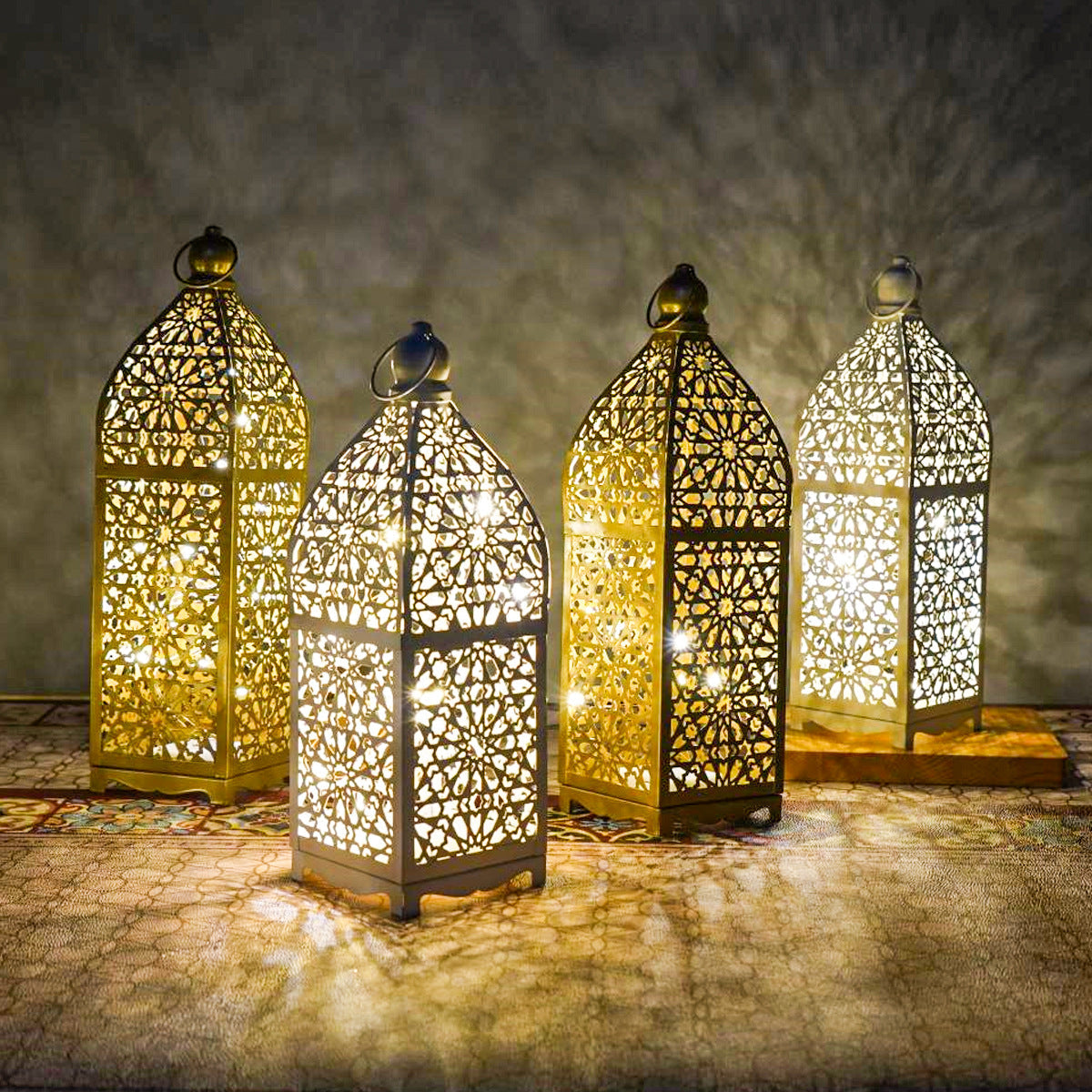 Contemporary Boho Battery Iron Hollowed Lantern Candlestick Decorative LED Table Lamp Night Light For Bedroom