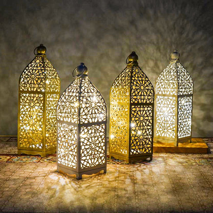 Contemporary Boho Battery Iron Hollowed Lantern Candlestick Decorative LED Table Lamp Night Light For Bedroom