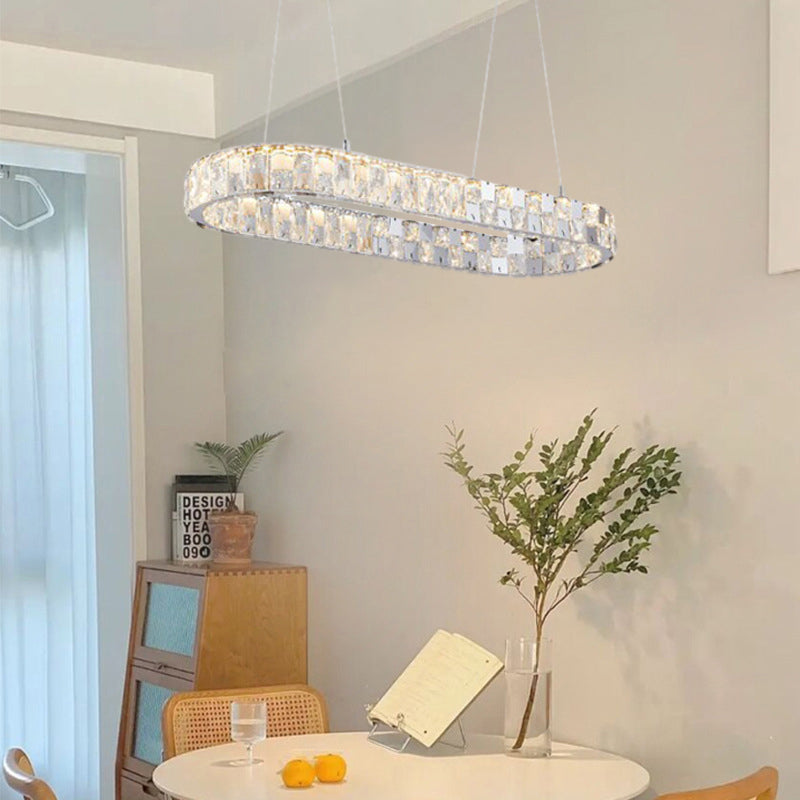Modern Luxury Stainless Steel Acrylic Crystal Elliptical LED Chandeliers Ceiling Fan Light For Dining Room
