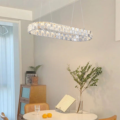 Modern Luxury Stainless Steel Acrylic Crystal Elliptical LED Chandeliers Ceiling Fan Light For Dining Room