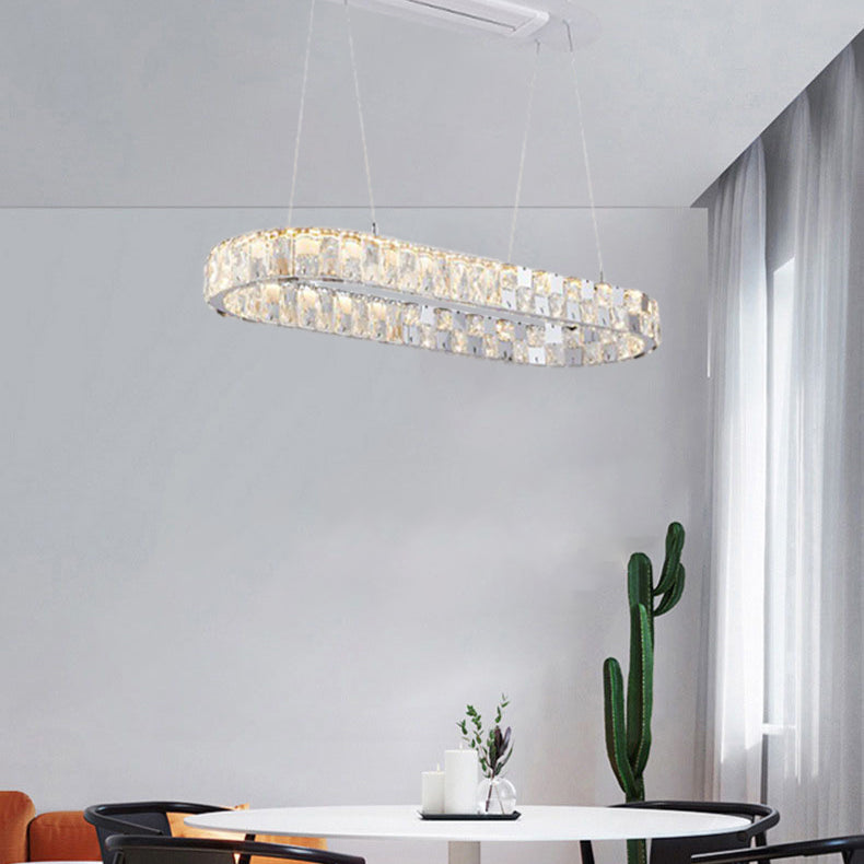 Modern Luxury Stainless Steel Acrylic Crystal Elliptical LED Chandeliers Ceiling Fan Light For Dining Room
