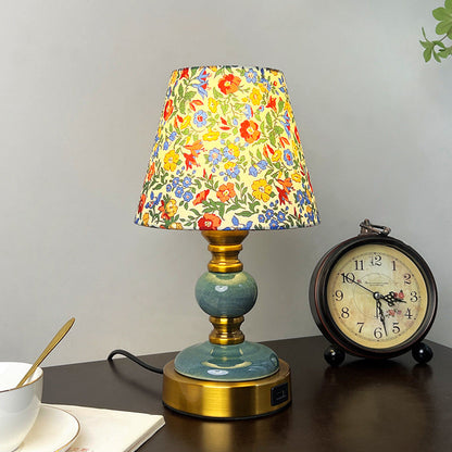 Traditional French Fabric Ceramic Alloy Cylinder Flower Crackle Column 1-Light Table Lamp For Bedside