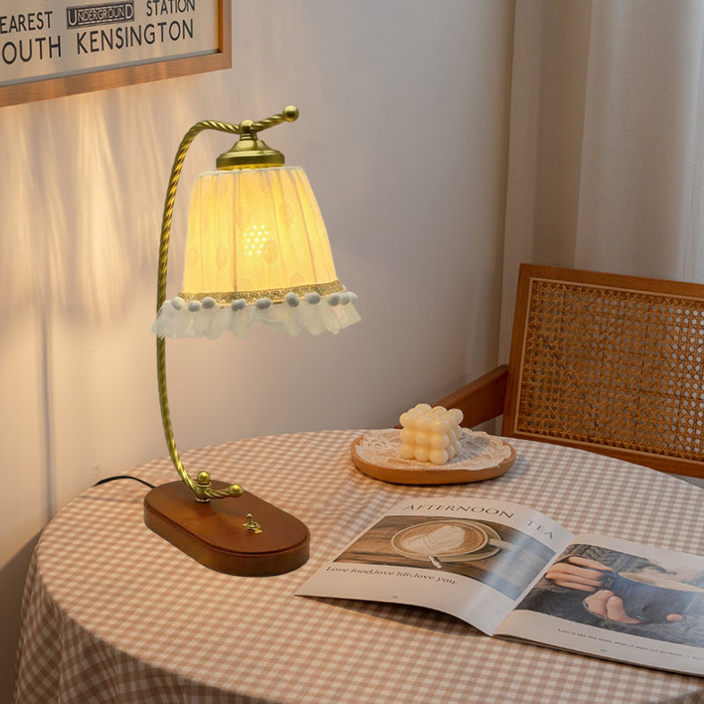 Traditional French Fabric Metal Wood Lace Conic 1-Light Table Lamp For Bedside