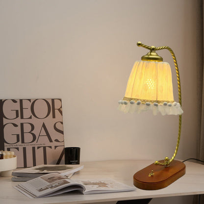Traditional French Fabric Metal Wood Lace Conic 1-Light Table Lamp For Bedside