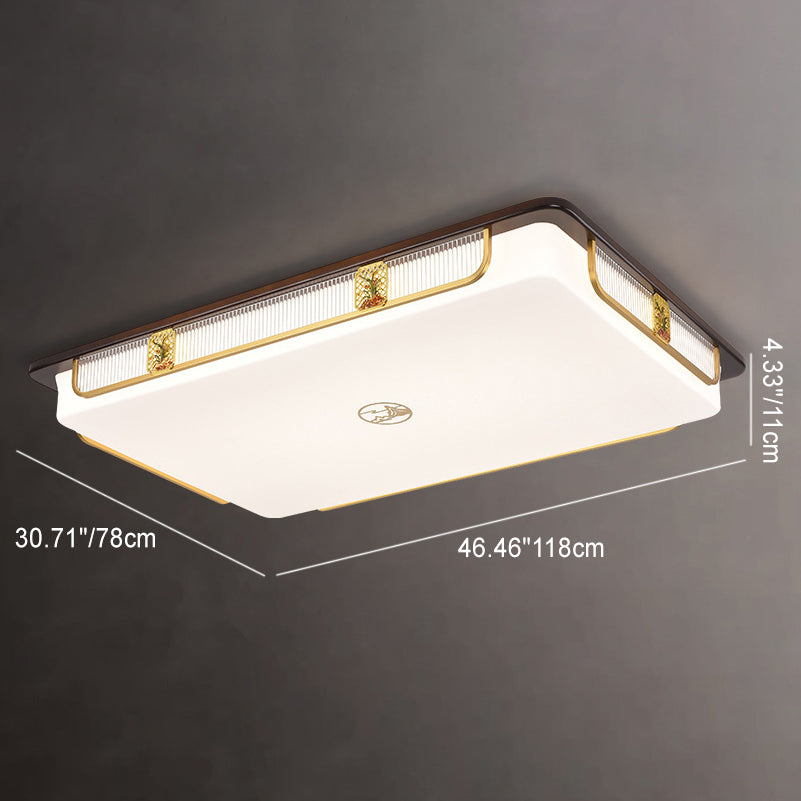 Traditional Chinese Sandalwood Hardware Stainless Steel Acrylic Rectangular Square Round Cymbidium LED Flush Mount Ceiling Light For Living Room