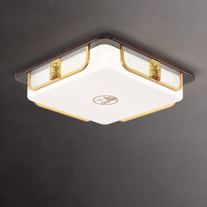 Traditional Chinese Sandalwood Hardware Stainless Steel Acrylic Rectangular Square Round Cymbidium LED Flush Mount Ceiling Light For Living Room