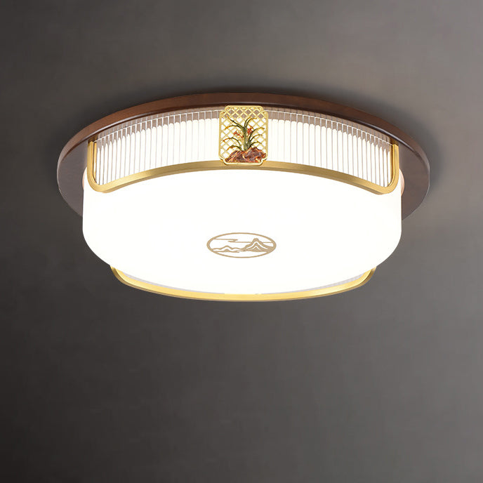 Traditional Chinese Sandalwood Hardware Stainless Steel Acrylic Rectangular Square Round Cymbidium LED Flush Mount Ceiling Light For Living Room