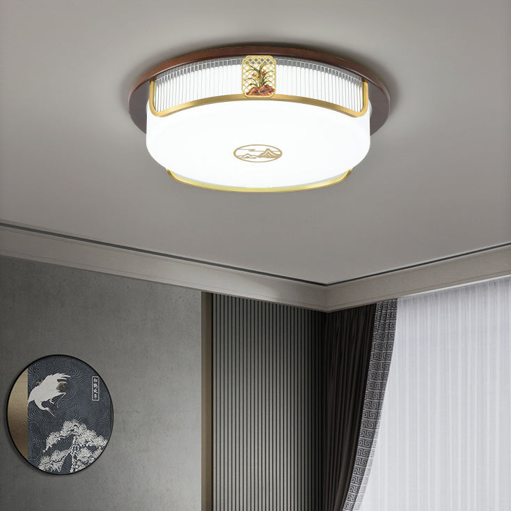 Traditional Chinese Sandalwood Hardware Stainless Steel Acrylic Rectangular Square Round Cymbidium LED Flush Mount Ceiling Light For Living Room