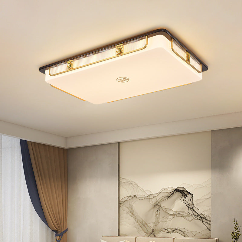Traditional Chinese Sandalwood Hardware Stainless Steel Acrylic Rectangular Square Round Cymbidium LED Flush Mount Ceiling Light For Living Room