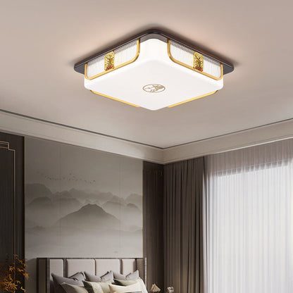 Traditional Chinese Sandalwood Hardware Stainless Steel Acrylic Rectangular Square Round Cymbidium LED Flush Mount Ceiling Light For Living Room
