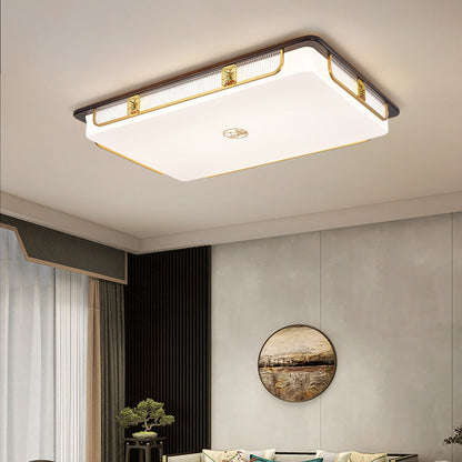 Traditional Chinese Sandalwood Hardware Stainless Steel Acrylic Rectangular Square Round Cymbidium LED Flush Mount Ceiling Light For Living Room