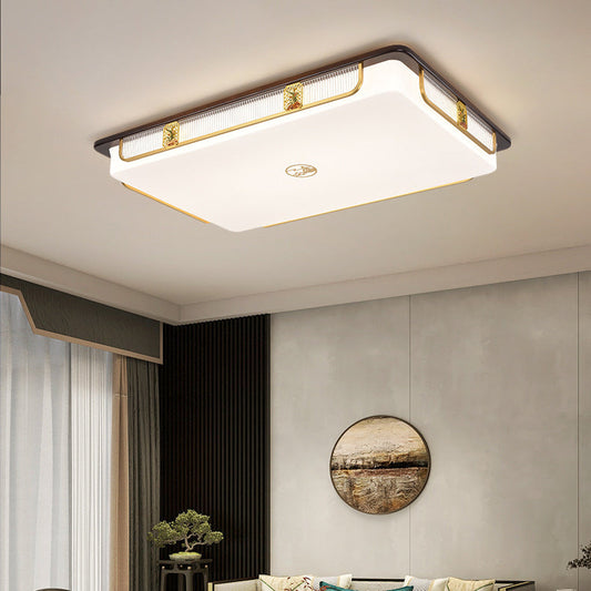 Traditional Chinese Sandalwood Hardware Stainless Steel Acrylic Rectangular Square Round Cymbidium LED Flush Mount Ceiling Light For Living Room