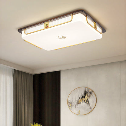 Traditional Chinese Sandalwood Hardware Stainless Steel Acrylic Rectangular Square Round Cymbidium LED Flush Mount Ceiling Light For Living Room
