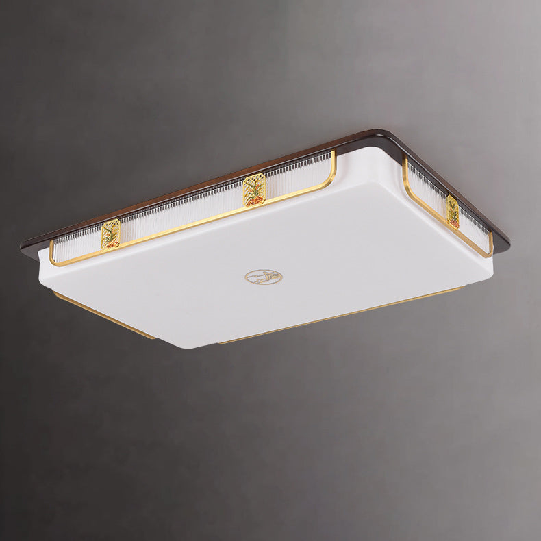Traditional Chinese Sandalwood Hardware Stainless Steel Acrylic Rectangular Square Round Cymbidium LED Flush Mount Ceiling Light For Living Room