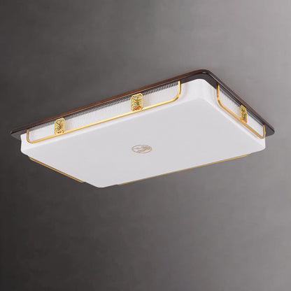 Traditional Chinese Sandalwood Hardware Stainless Steel Acrylic Rectangular Square Round Cymbidium LED Flush Mount Ceiling Light For Living Room