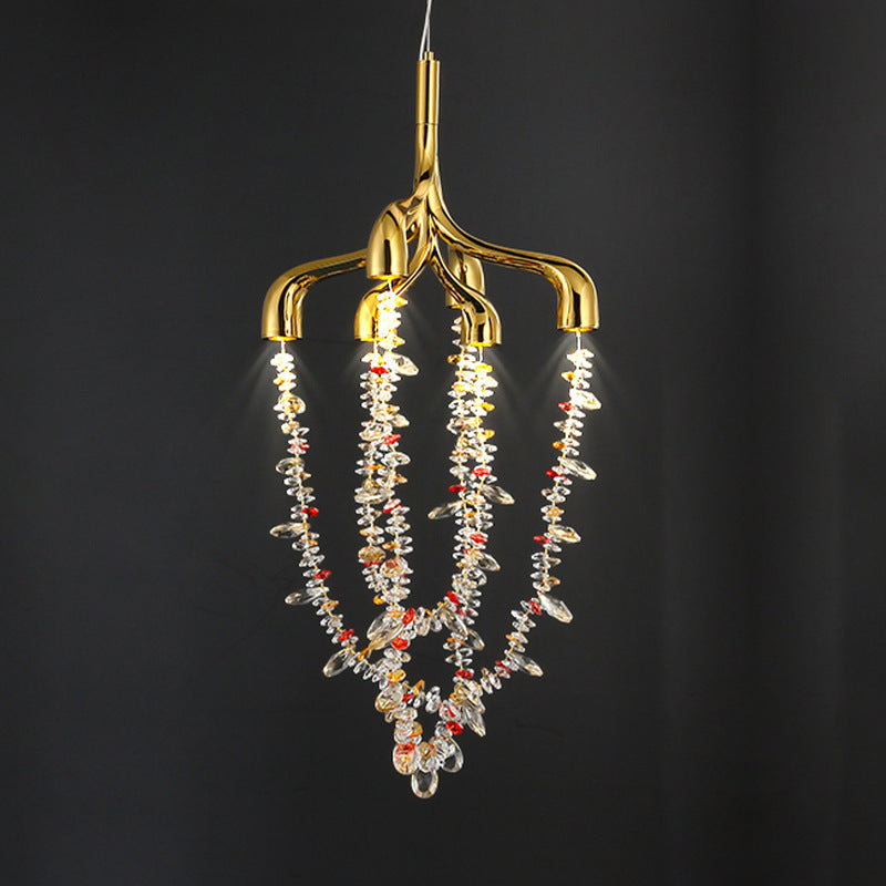 Modern Art Deco Copper Crystal Pendant Beads 6-Light Chandeliers For Dining Room
