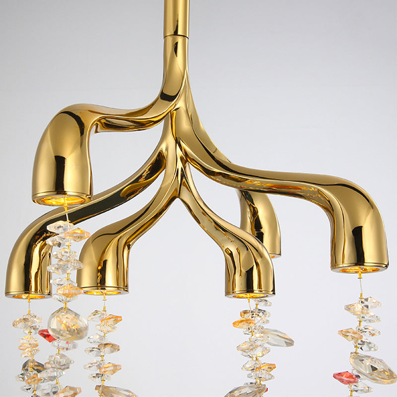 Modern Art Deco Copper Crystal Pendant Beads 6-Light Chandeliers For Dining Room