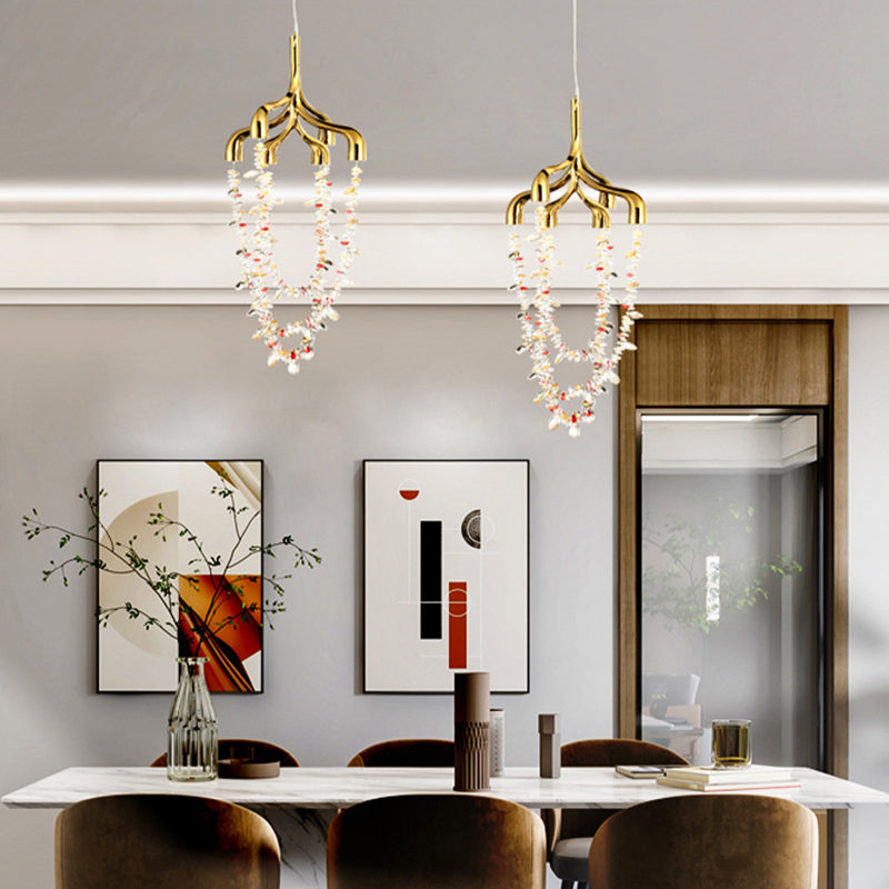 Modern Art Deco Copper Crystal Pendant Beads 6-Light Chandeliers For Dining Room