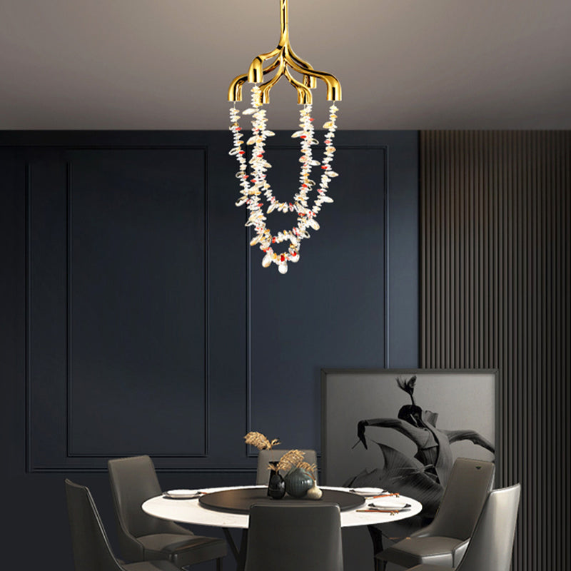 Modern Art Deco Copper Crystal Pendant Beads 6-Light Chandeliers For Dining Room