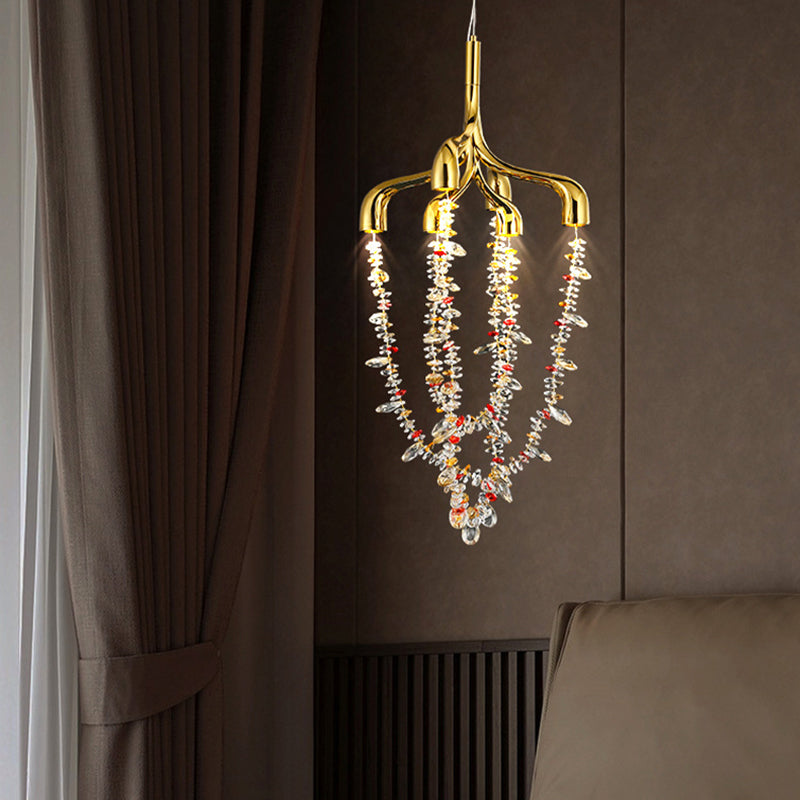 Modern Art Deco Copper Crystal Pendant Beads 6-Light Chandeliers For Dining Room