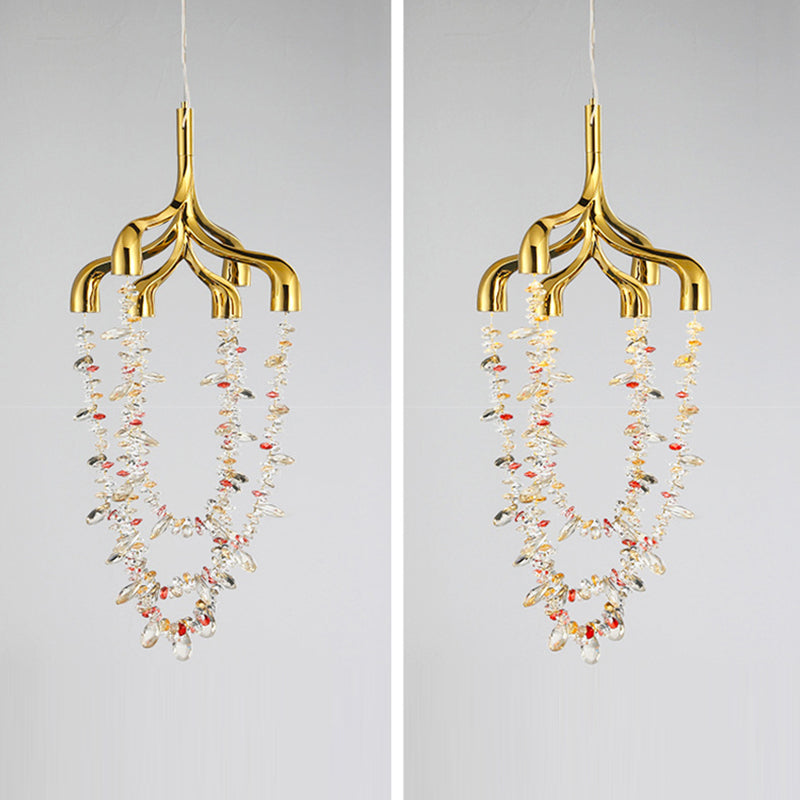 Modern Art Deco Copper Crystal Pendant Beads 6-Light Chandeliers For Dining Room