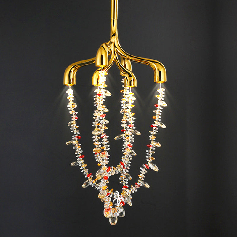 Modern Art Deco Copper Crystal Pendant Beads 6-Light Chandeliers For Dining Room