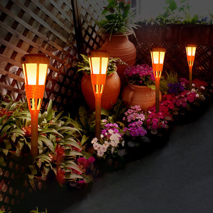 Traditional Farmhouse Solar Waterproof ABS Torch Simulated Bamboo Weaving LED Outdoor Light Landscape Lighting For Garden